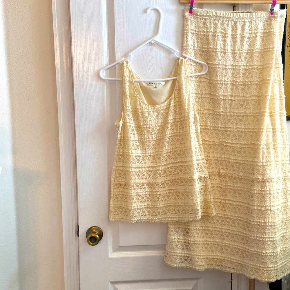 Max Studio 2 pc top and skirt. Stretchy lace cream.Med. worn once. Both lined.